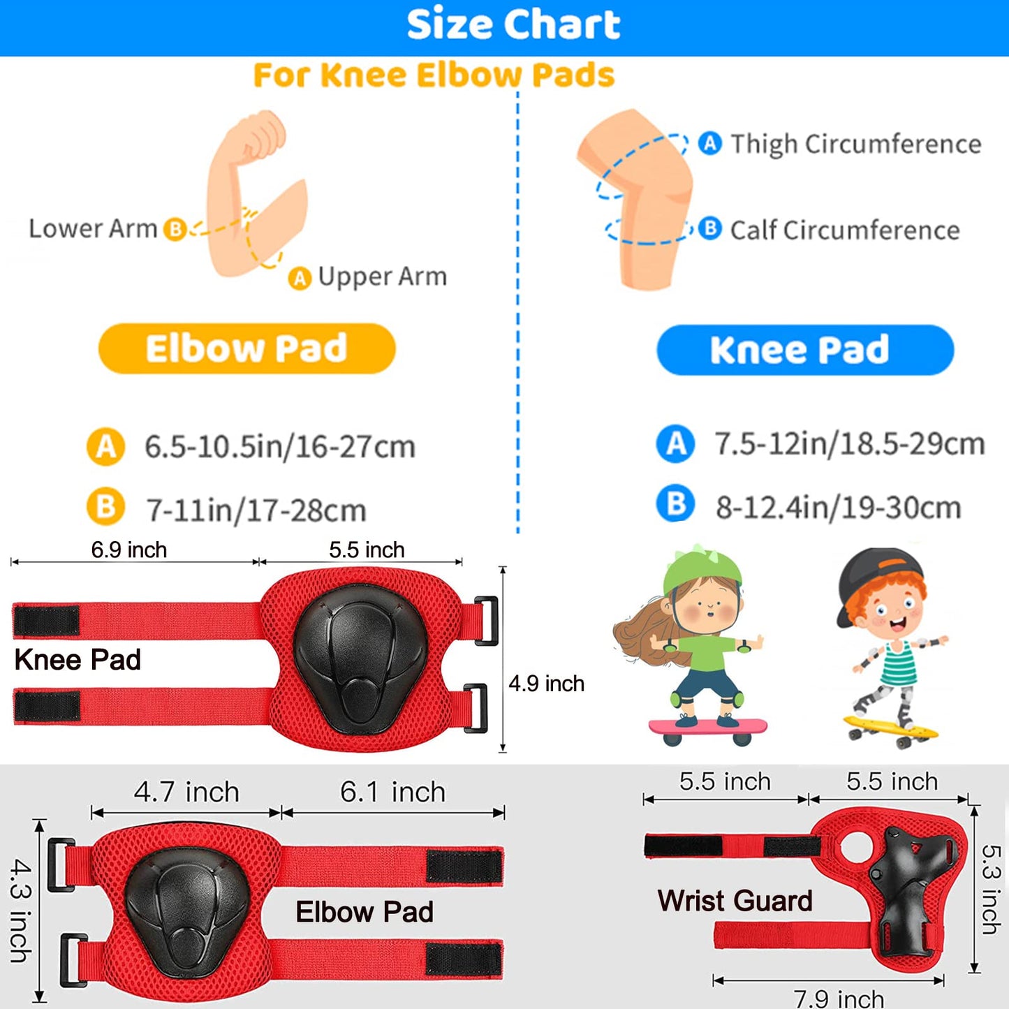 Oeyliz Kids Knee Pads Elbow Pads Guards 6 in 1 Protective Gear Set Ages 3-7 Toddler Boys Girls Kids for Multi Sports Roller Skates Cycling BMX Bike Skateboard Inline Skating (Red)