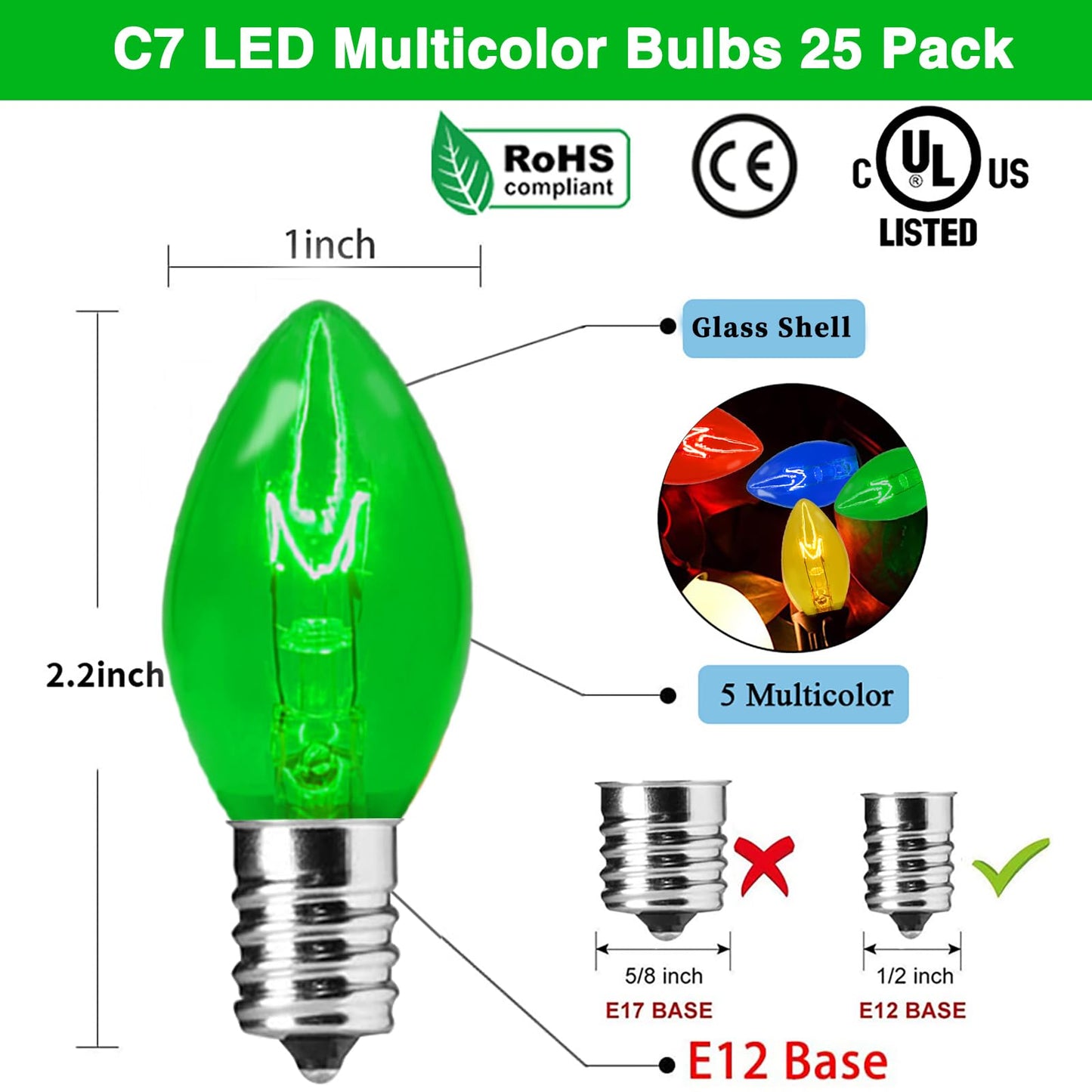 25 Pack C7 Christmas Replacement Light Bulbs, C7 Clear Multi-Color Christmas Lights for Christmas Outdoor Patio Indoor String Lights, C7/E12 Candelabra Base, 5 Watt