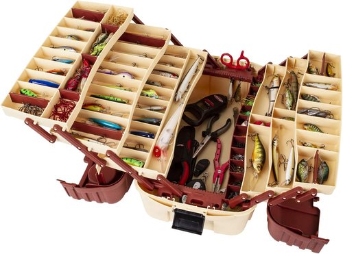 Flambeau Outdoors 2059 Fishing Tackle Box - Large All-Weather 7-Tray Organizer with 61 Compartments, Beige/Terracotta Brown