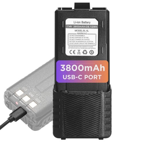 BAOFENG BL-5L 3800mAh Extended Battery Compatible with UV-5R UV-5RTP UV-5R 8W UV-5R Plus UV-5RA UV-5G UV-5G Pro GT-5R GT-5R Pro, Original Pack, Black (USB-C Port)