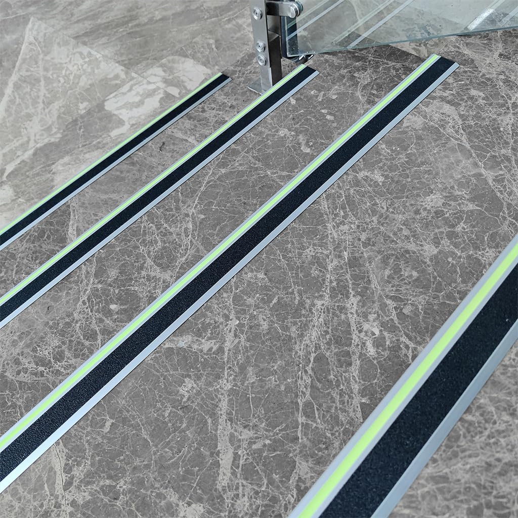 ZALNVEY 3 Pack 48 in L Shaped Stair Nosing with Green Glow Strip, Outdoor Aluminum Stair Edge Protector, Long Stair Edging Stair Trim, Anti Slip Traction Steps Treads Plate Help Elderly, Kids Walk