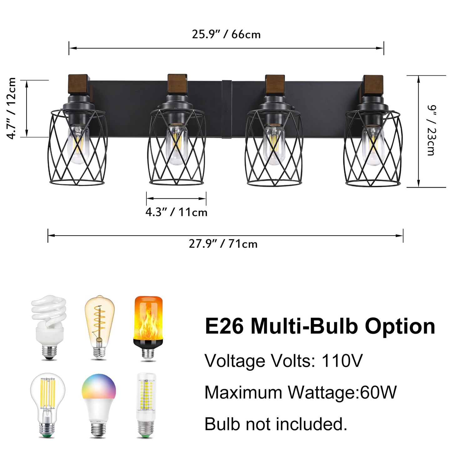 XvmBvm Farmhouse Bathroom Vanity Light, 4-Light Wood Bathroom Light Fixtures Over Mirror, Black Industrial Vanity Lights with Metal Shade, Rustic Bathrooms Lighting for Living Room, Bedrooms, Hallway