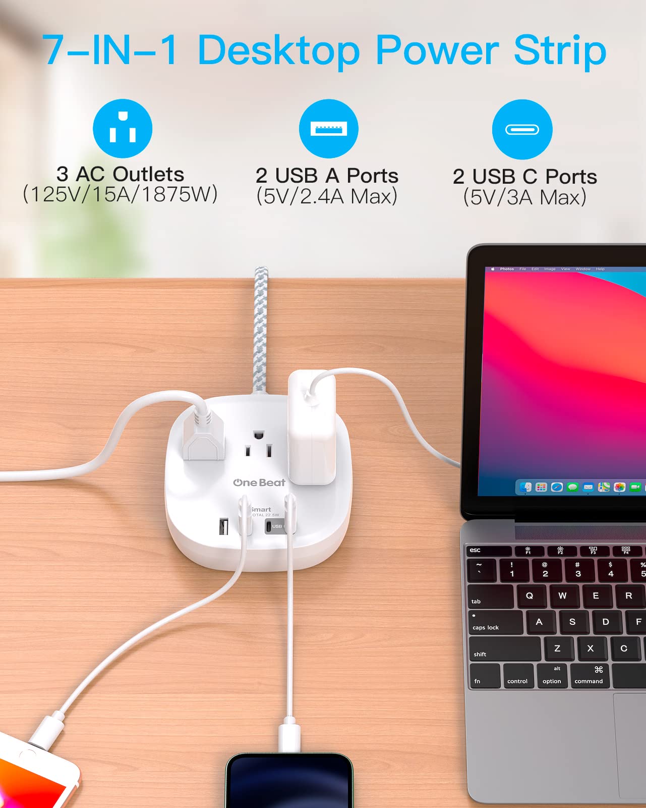Flat Plug Power Strip, 6ft Flat Extension Cord - 3 Outlets 4 USB Ports (2 USB C) 22.5W/4.5A Desktop Charging Station, Power Strip with Surge Protection for College Dorm Room Travel Essentials