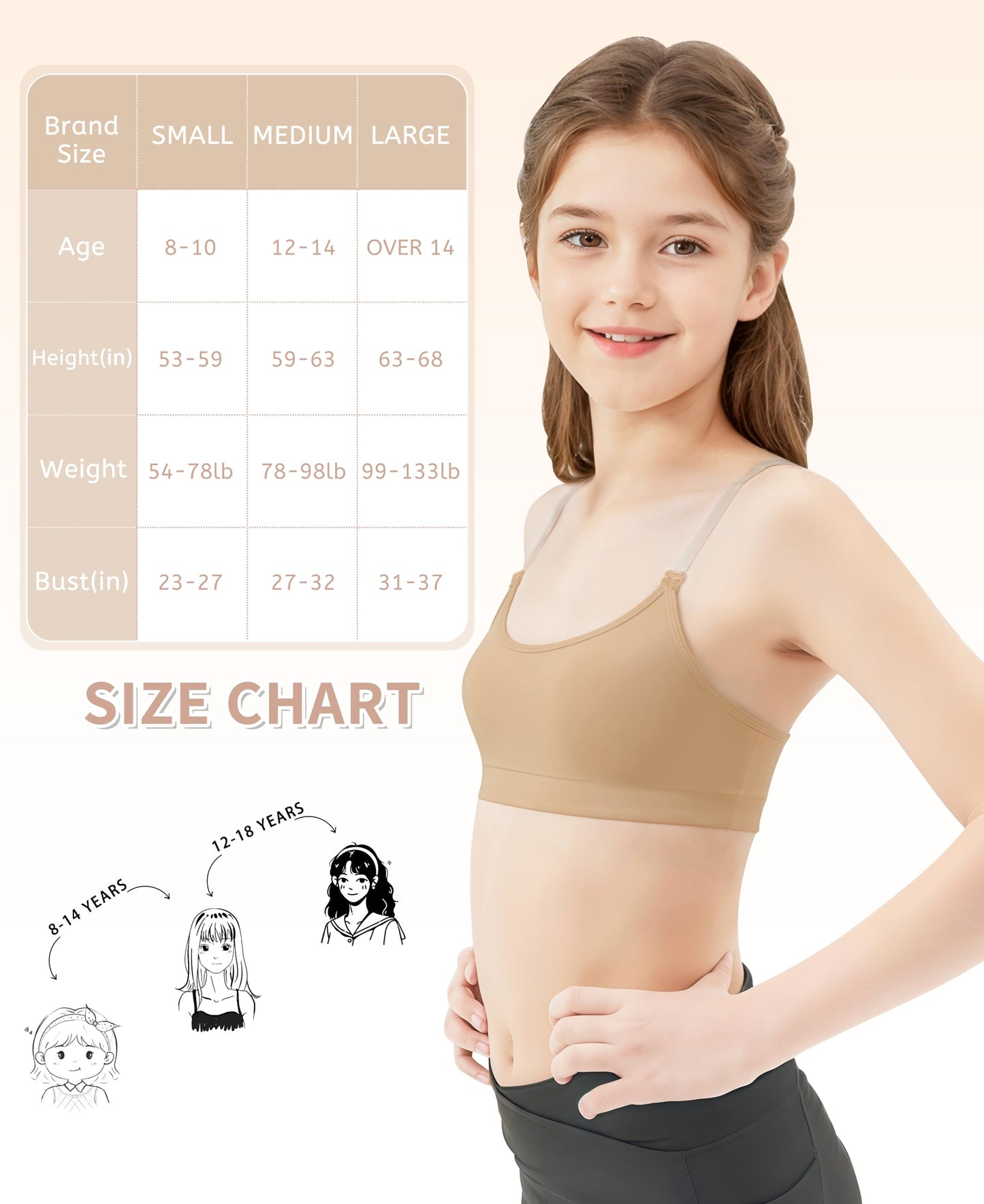WYHDY Seamless Dance Bra for Teen Girls, Nude Training Bra with 2 Pairs of Clear Straps, Removable Silicone Pads(SM8E-18-1-L)