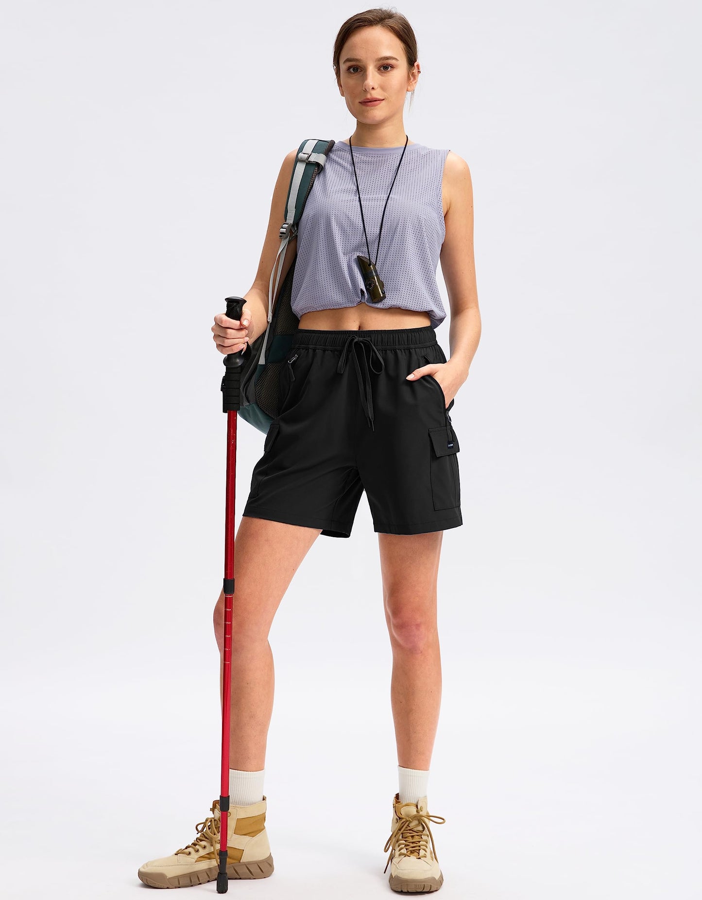 SANTINY Women's 5''/ 7''/9'' Hiking Cargo Shorts Quick Dry Lightweight Summer Shorts for Women Athletic Golf Zipper Pockets(Black_XXL)