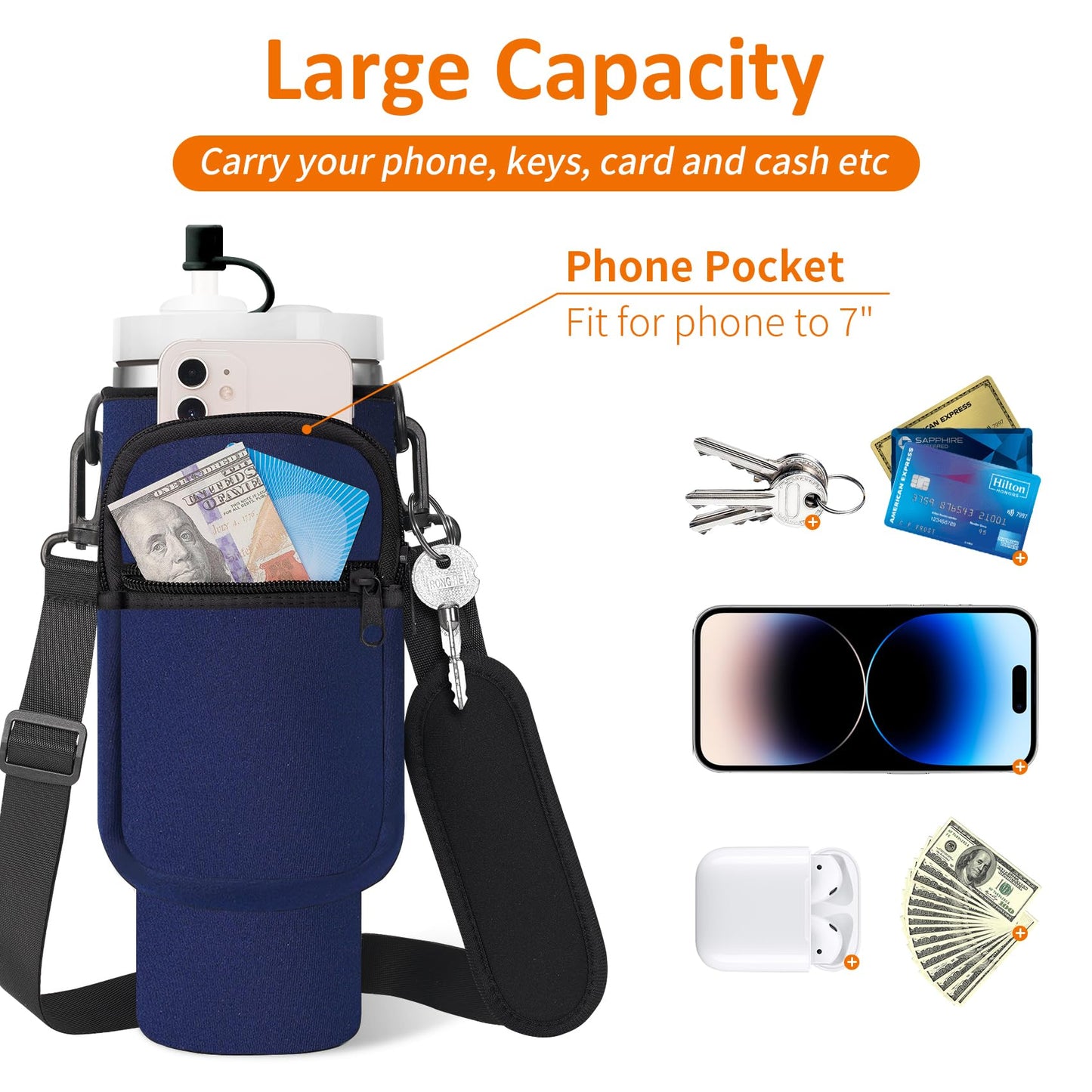 AceTreker Water Bottle Carrier Bag for Stanley 30/40oz Tumbler with Handle Simple Modern Sleeve Holder with Strap & 2 Pockets Neoprene Metal Travel Coffee Mug Carrying Accessories-Black