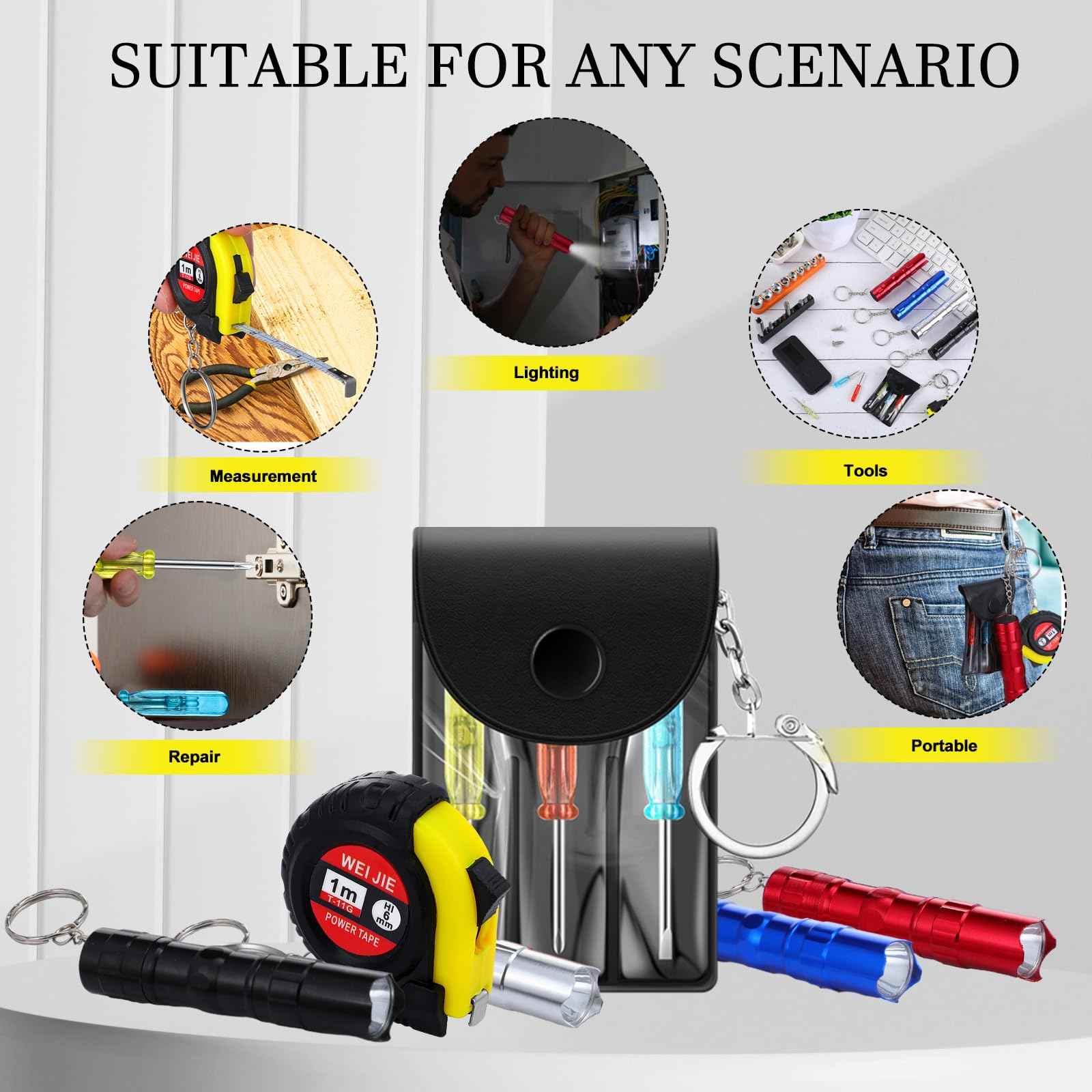 Quelay 18 Pcs Mini Screwdriver Tape Measure Keychains LED Lights Keychain Set Tool Party Favors Mini Hand Tool Adult Prizes Pinata Stuffers Christmas Bulk Gifts for Men, No Batteries Included