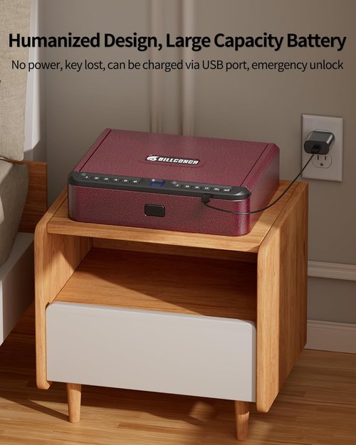 BILLCONCH Biometric Gun Safe for Handgun - Quick Access with Fingerprint, Keypad & APP Lock | Burgundy Red