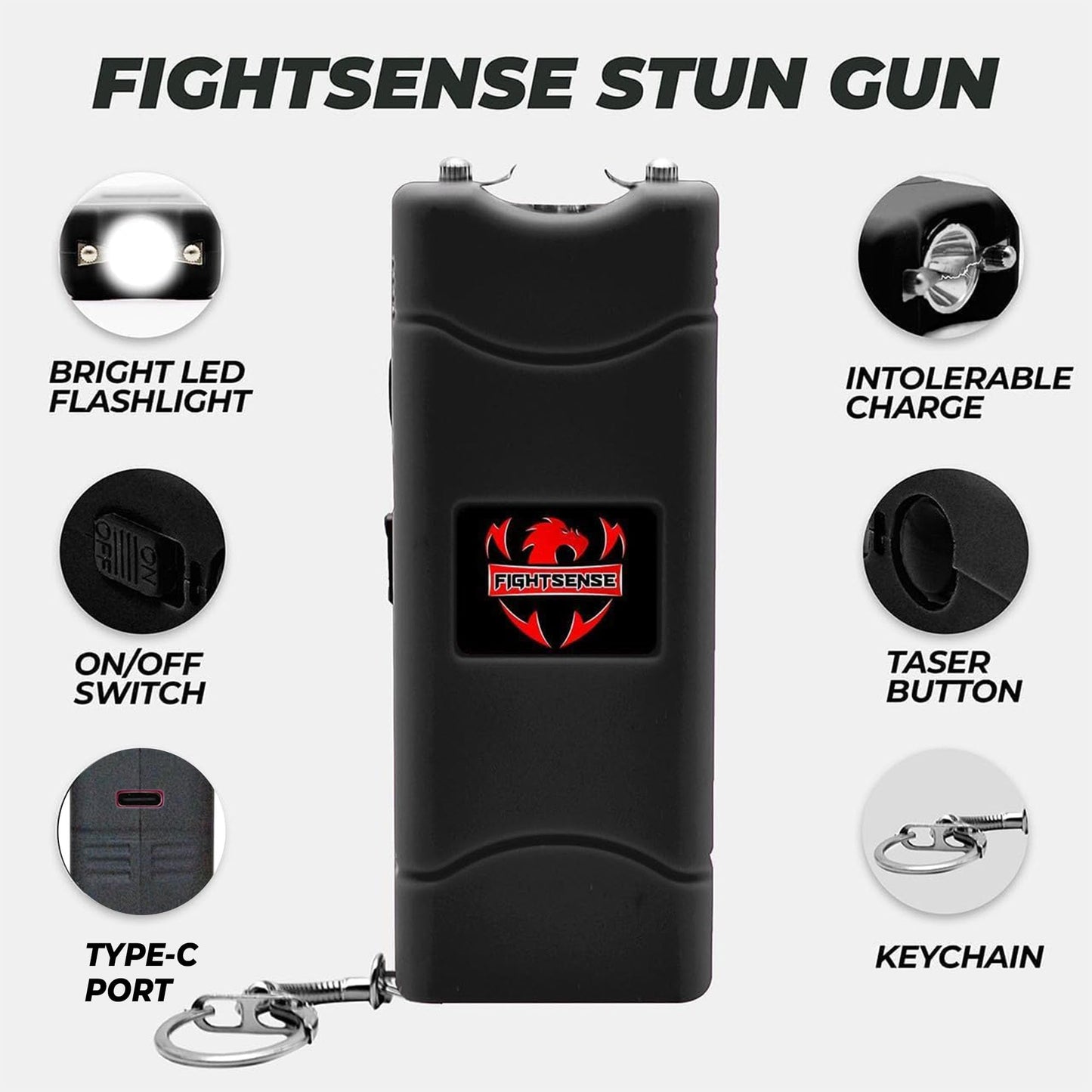 FIGHTSENSE Mini Stun Gun Keychain & Pepper Spray Combo Pack for Self Defense Kit - Extremely Powerful Stun Gun Flashlight for Women