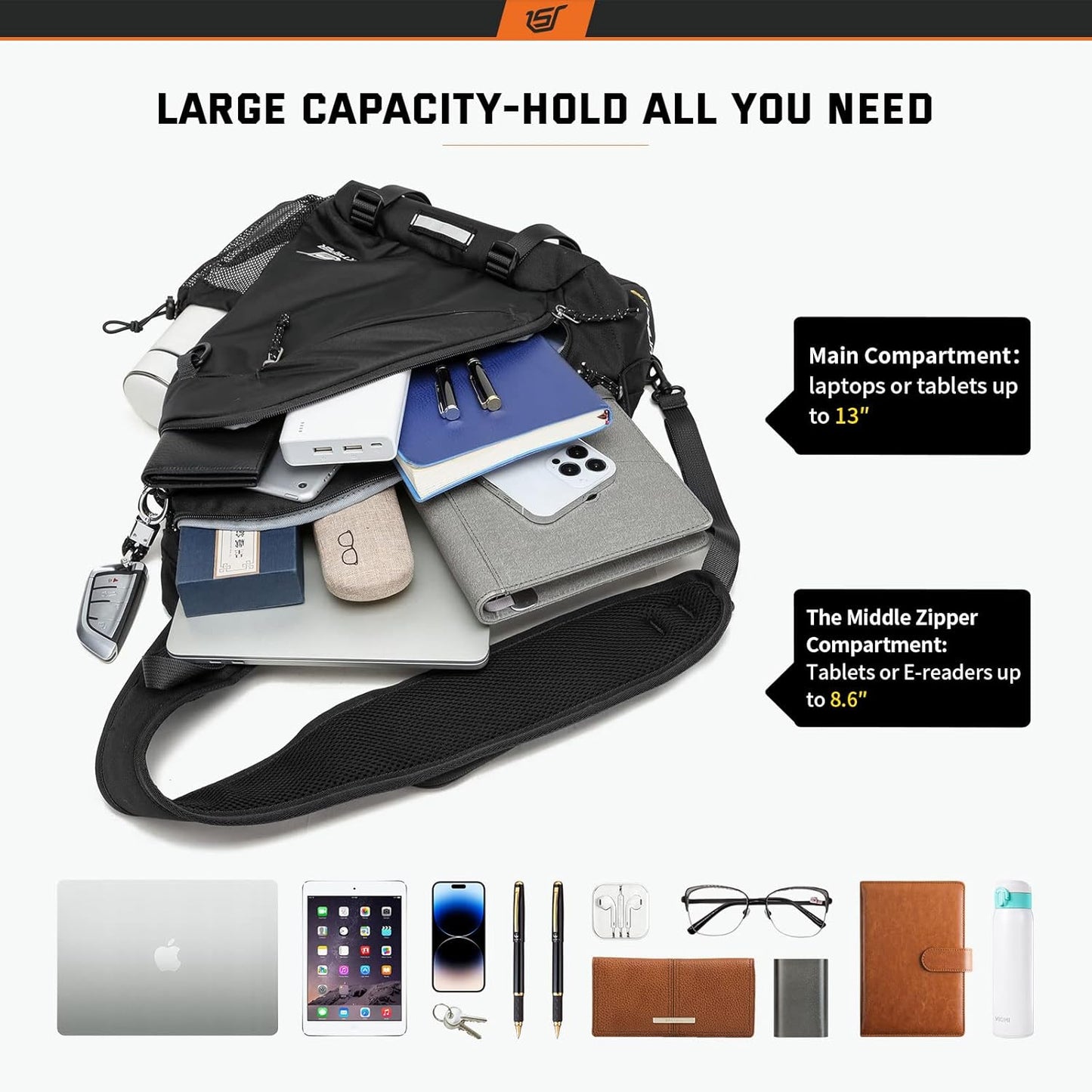 SKYSPER Sling Bag - RFID Crossbody Backpack for Men & Women | 18L Capacity, Black Color