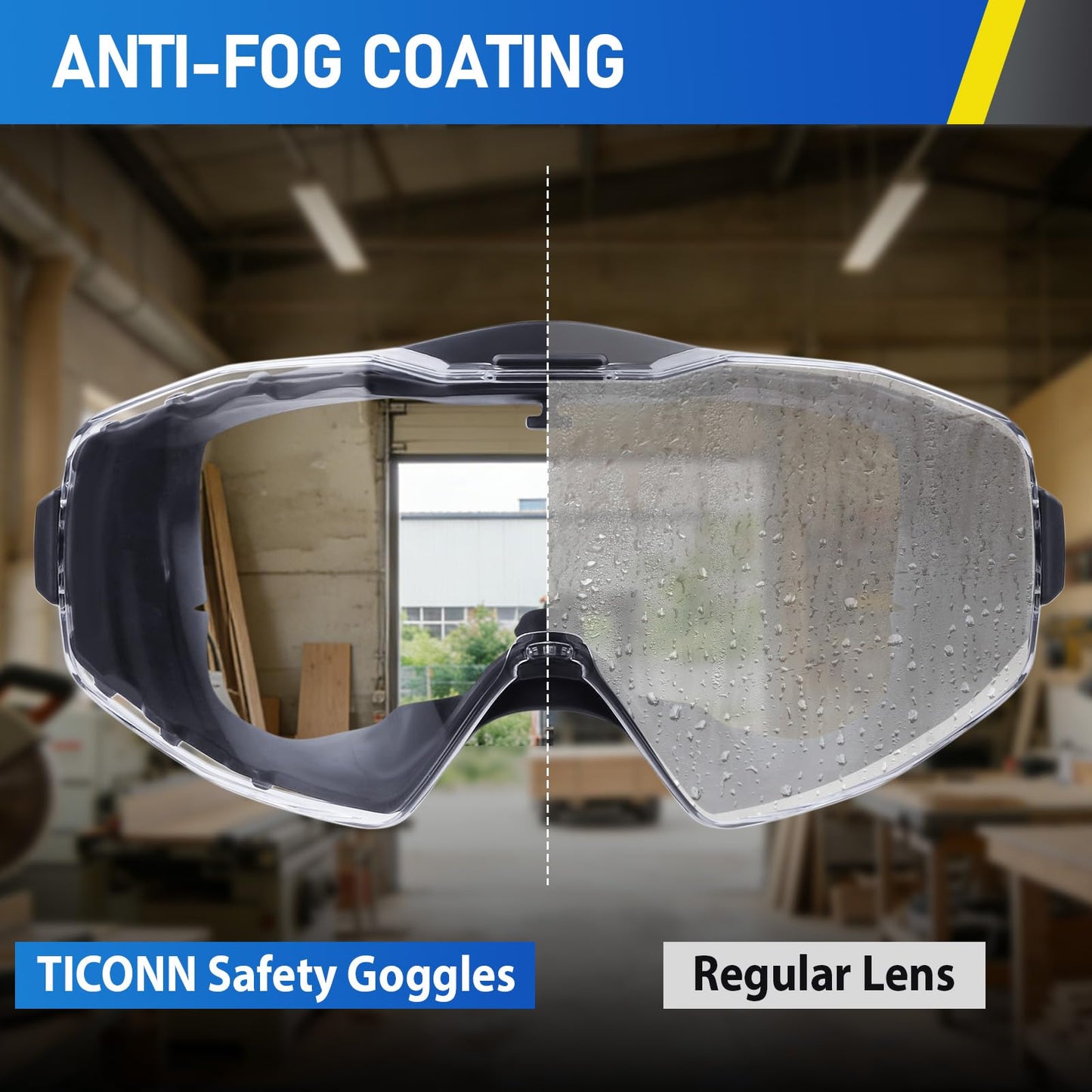 TICONN Anti-Fog Safety Goggles, Adjustable Safety Goggles Over Glasses, ANSI Z87.1 UV385 Eye Protection Glasses for Adults