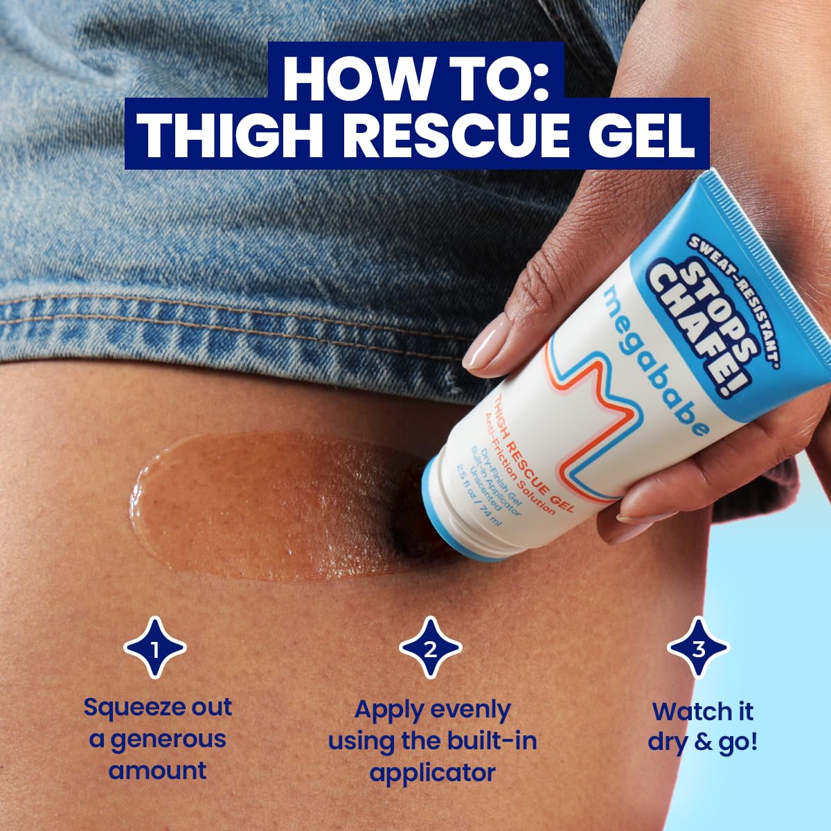 Megababe Thigh Rescue Gel | Clear Anti-Friction Barrier for Chafing | Sweat-Resistant | No-Mess Applicator | Thighs, Bra-Lines & More | 2.5 fl oz
