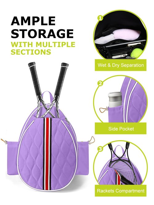 Lunbxx Tennis Bags Holds 2 Rackets for Women & Men, Tennis Backpack Crossbody & Shoulder Racket Bag, Insulated Pocket, Pickleball Bags for Women, Men and Youth (purple)