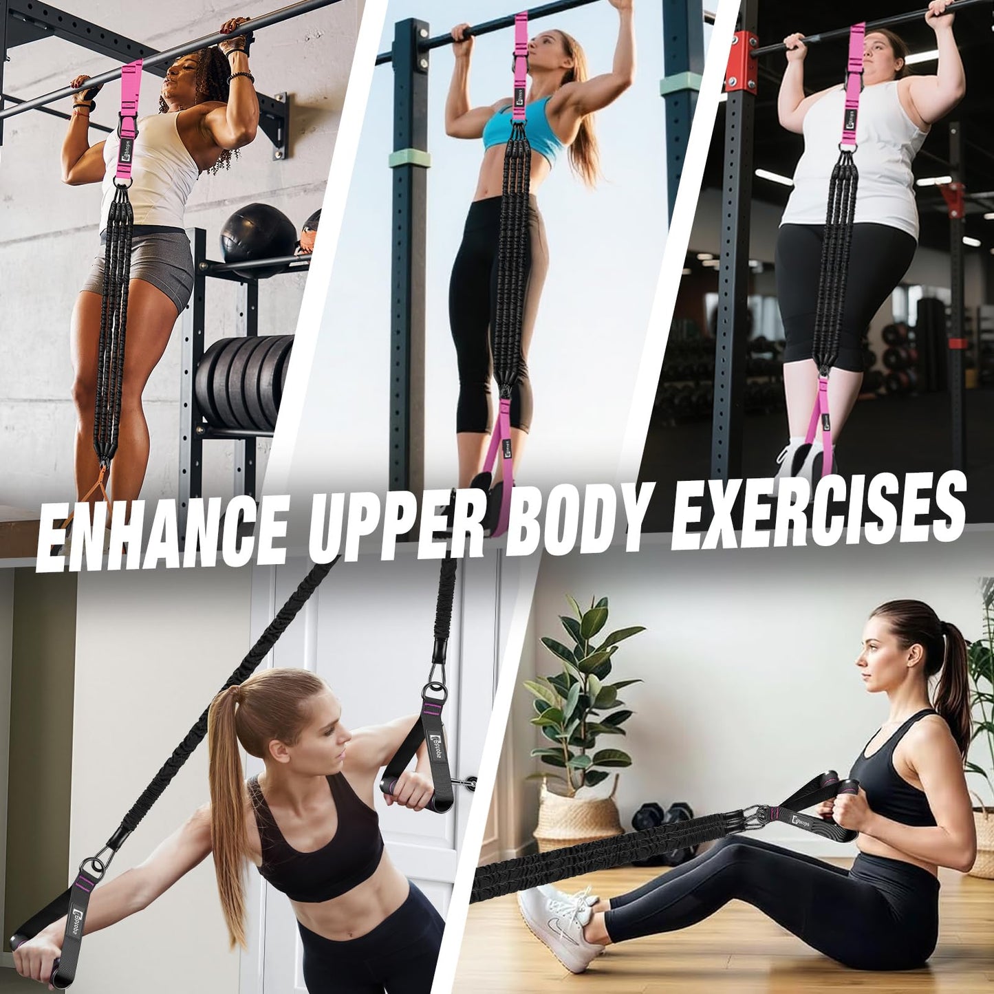 Pull Up Assistance Bands,Up to 300 lbs Assistance,Adjustable Heavy Duty 4 Pull Up Bands with Handle and Door Anchor for Home Gym Fitness Exercise Strength Training Workout Equipment Pink
