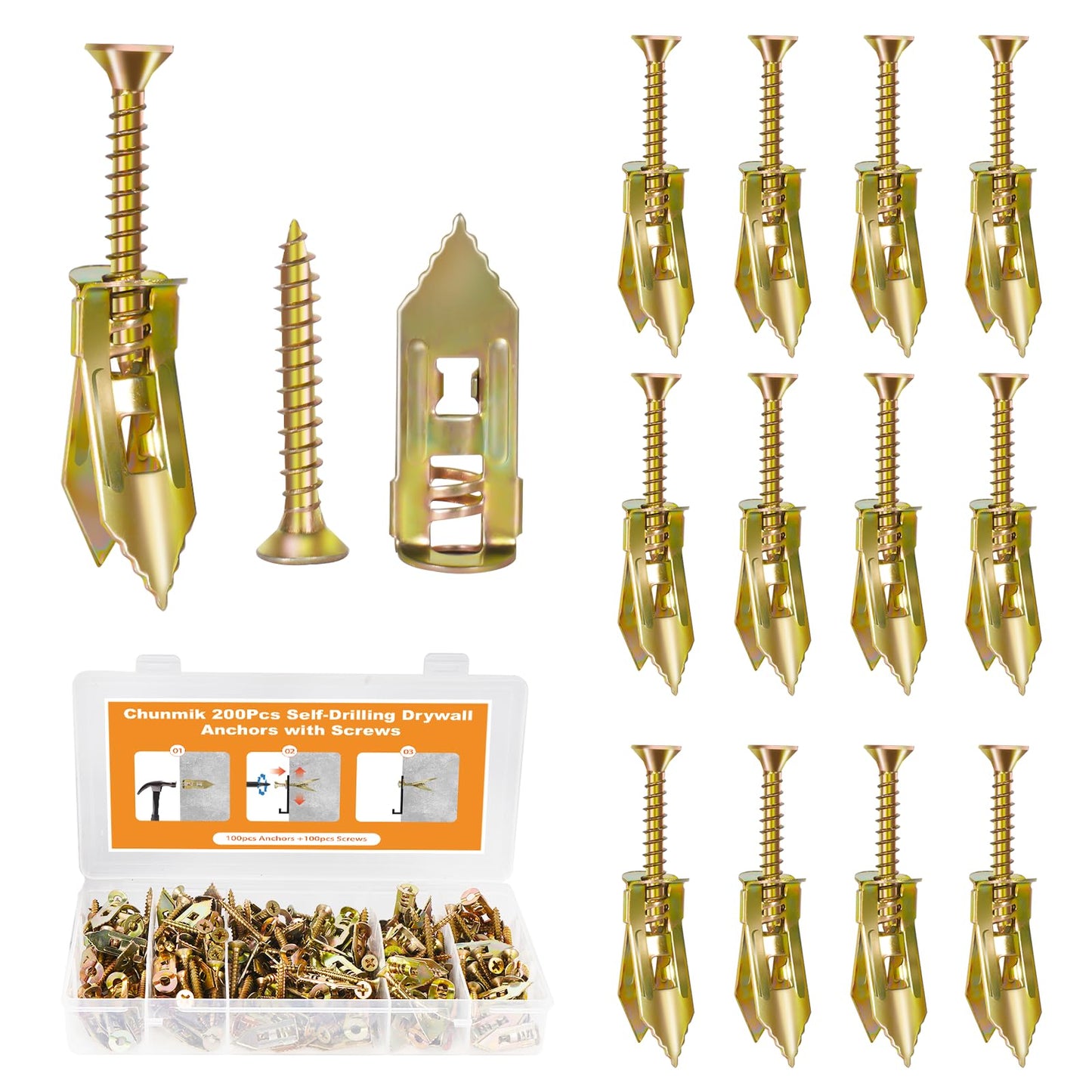 200PCS Self Drilling Drywall Anchors with Screws Kit, Multifunctional Drywall Anchor with Sheetrock Screws - Easy Installation Metal Expansion Bolts, No Drill Needed, Hold 70LB for Wall Hanging