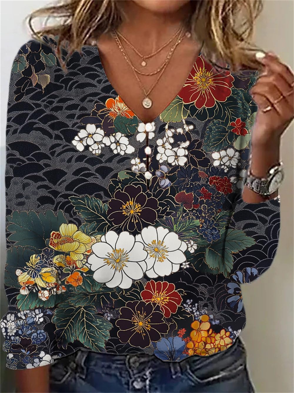 ZOCANIA Bohemian Tops for Women - Floral Button-Up Long Sleeve Blouses | Casual Plus Size Tunics