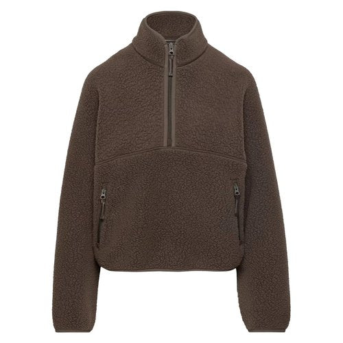 Keeliya Womens Fleece Sweatshirts Cropped Half Zip Sherpa Pullover Fuzzy Warm Winter Jackets with Zipper Pockets(Brown,L)