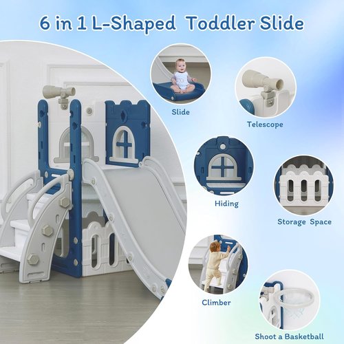 LulliSpace 6-in-1 Toddler Slide - Indoor/Outdoor Climber with Storage, Telescope & Basketball Hoop - Blue