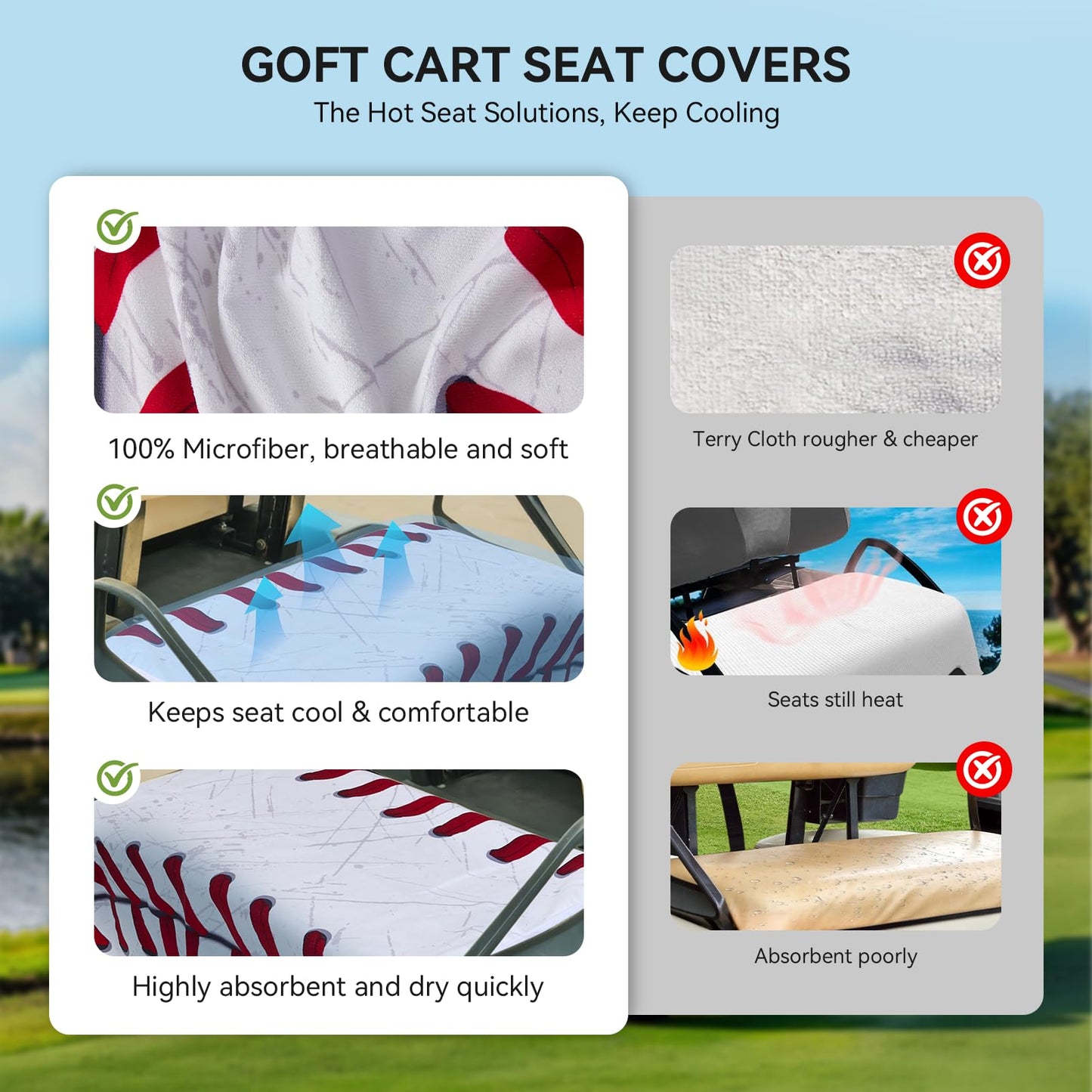 Warmiehomy Golf Cart Seat Covers for Summer or Winter, Universal Durable Breathable Anti-hot Golf Cart Seat Towel Blanket for 2 Person Seats Golf Carts (Sports Ball)