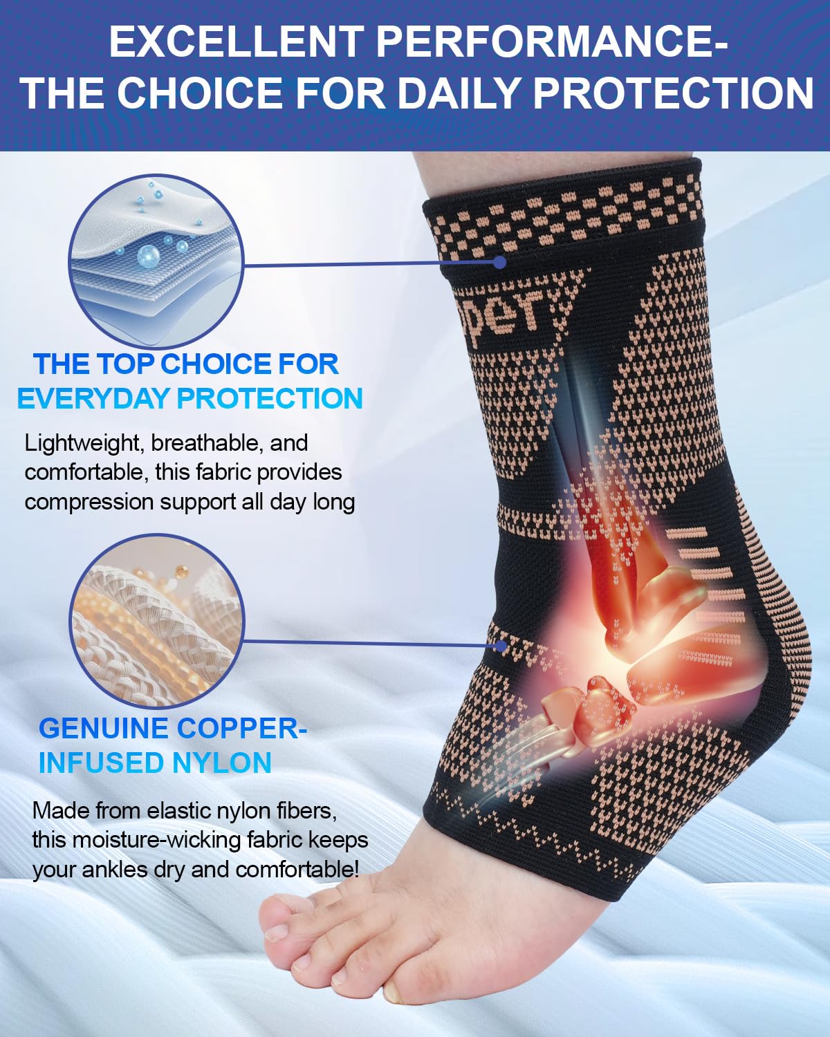 LISEPWU Copper Ankle Brace, Copper Infused Ankle Support Compression Sleeve for Men & Women, for Foot Pain Relief, Sprained Recovery, Achilles Tendonitis, Daytime or Night Use(L)