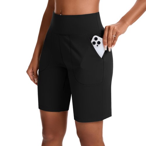 EZPERY Bermuda Shorts for Women with Zipper Pocket Womens High Waisted Long Shorts for Running Workout Athletic Black Dark