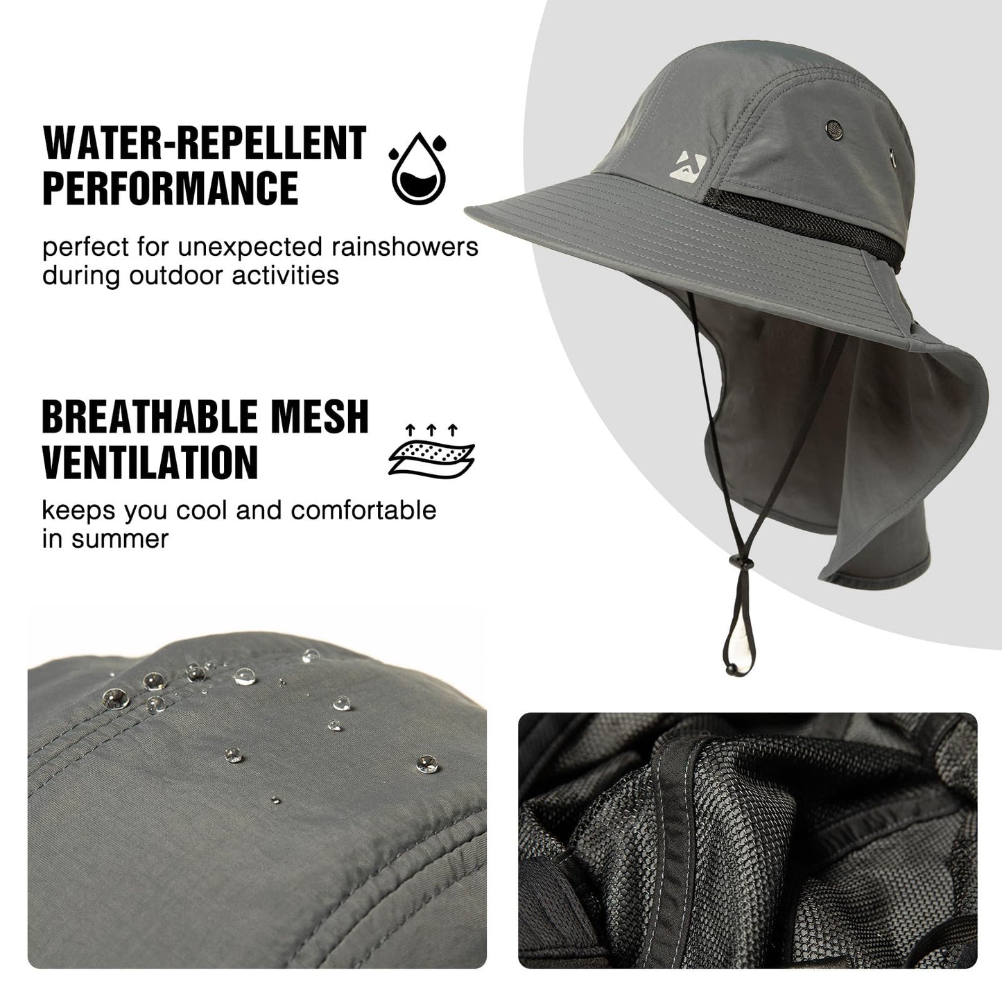 Summer Sun Hat Shade Men Big Head Women Wide Brim Neck Flap Safari Waterproof Beach UPF50+ Fishing Hiking Dark Grey