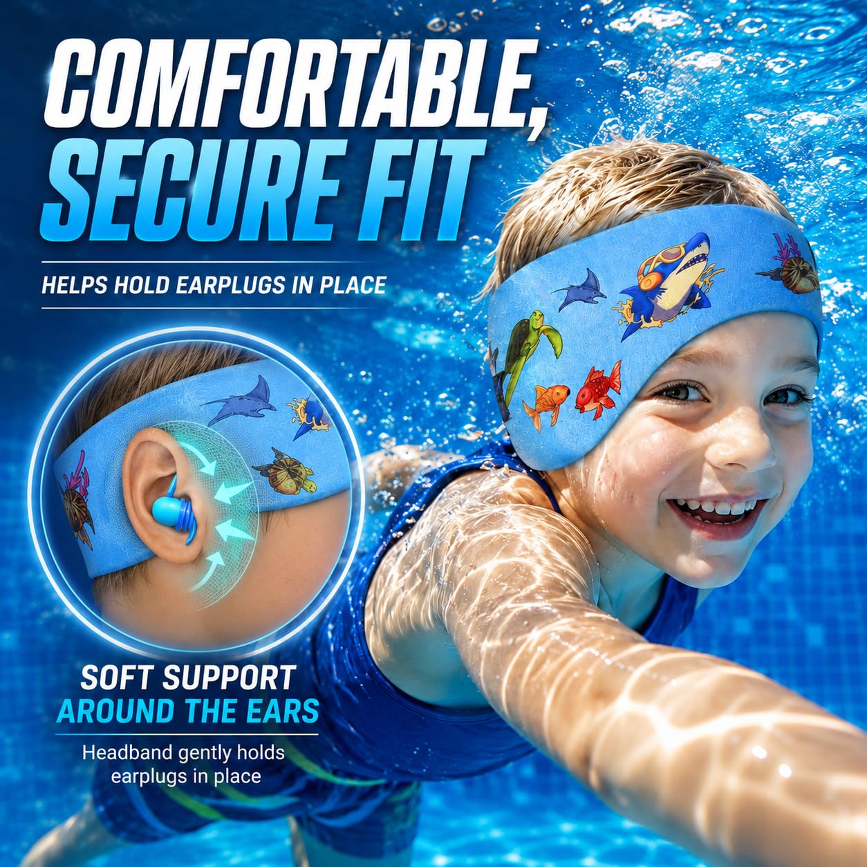 Swimming Headband for Kids - 2 Pairs Waterproof Ear Plugs & Adjustable Swim Ear Band,Keep Water Out and Hold Earplugs in - Water Headband for Surfing, Diving, Pool, Showering, and Beach