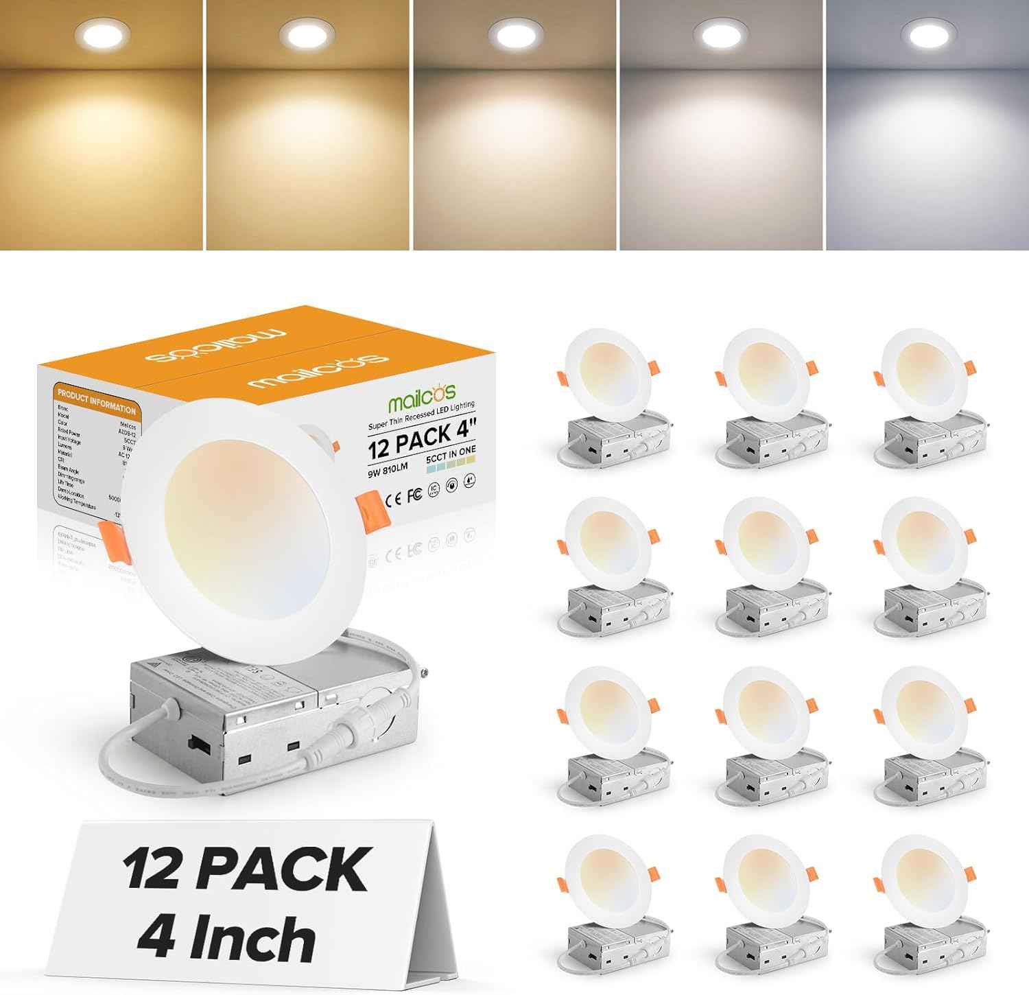 Ultra-Thin 12 Pack 6-Inch Dimmable LED Recessed Lighting - 5CCT Selectable, 1050LM, ETL