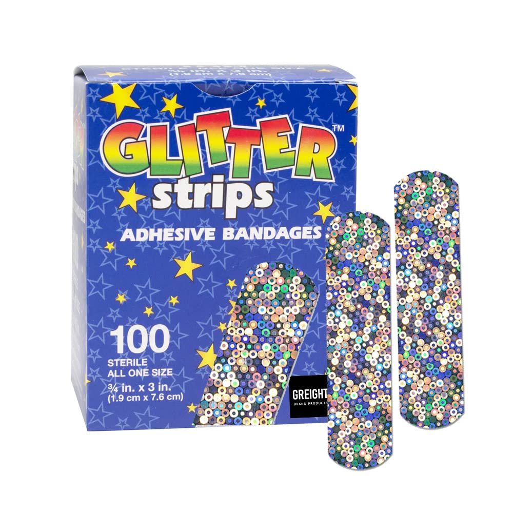 Glitter Strips Bandages for Kids - 100 Count Latex Free Adhesive Bandage 3/4"x3" for Wound Care, Minor cuts, scrapes and First aid