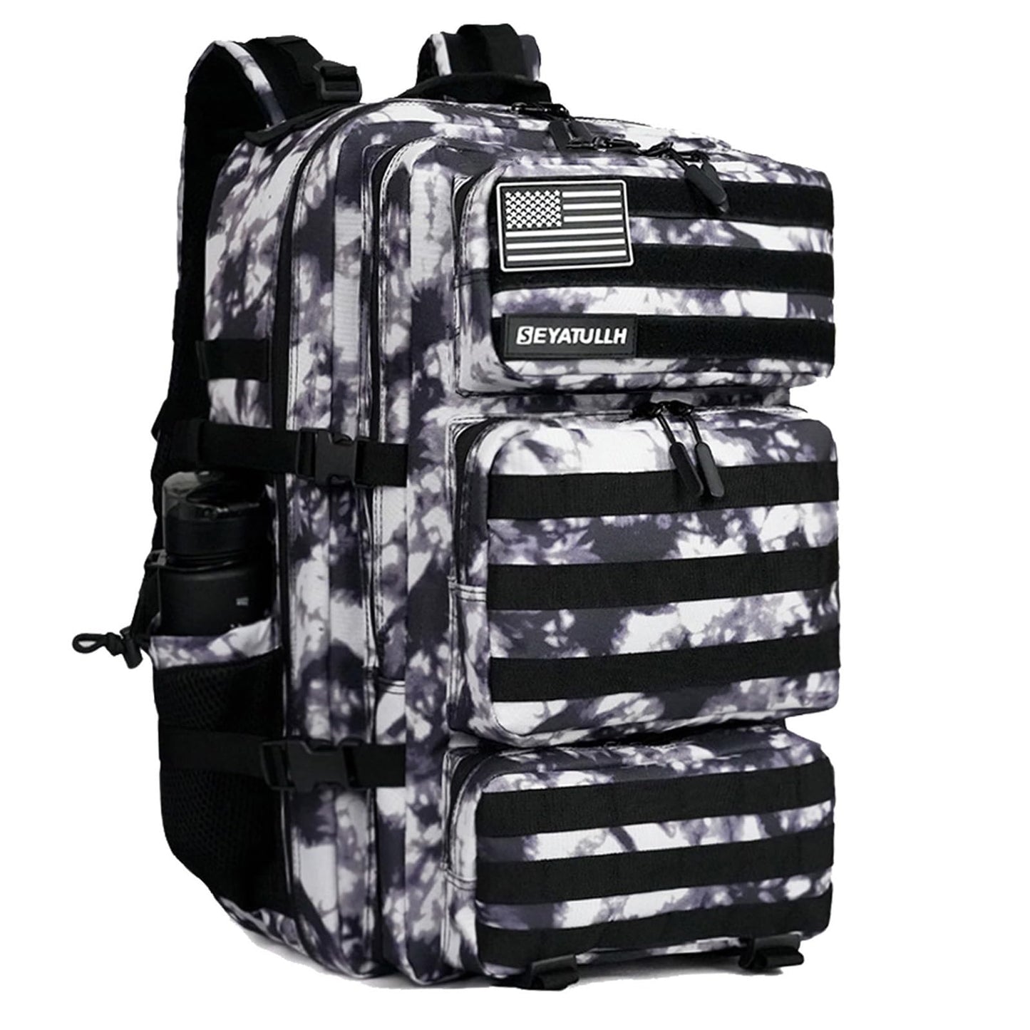 SEYATULLH Military Tactical Backpack 55L for Men & Women Bug Out Bag Assault pack Molle Daypack Hiking Trekking Rucksack (Black and white tie dye)