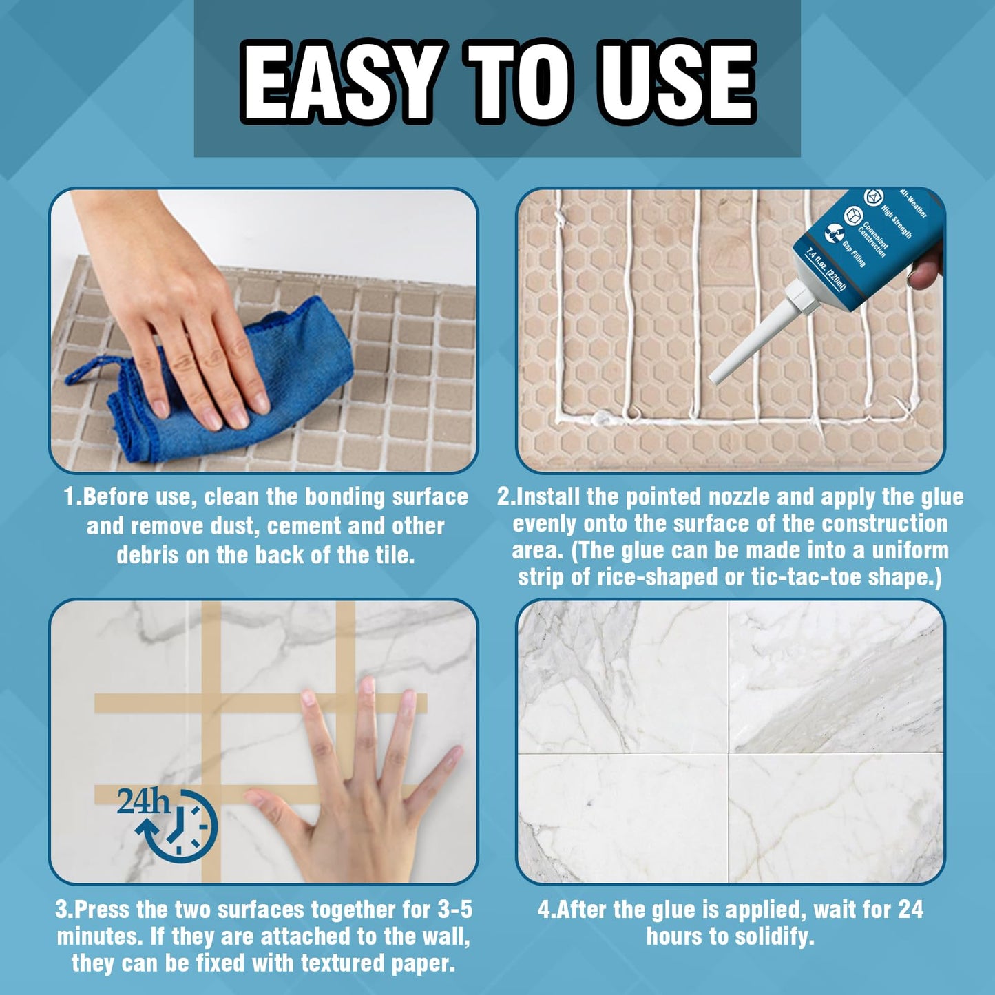 Construction Adhesive Heavy Duty, Cement Glue for Concrete, Floor, Wall, Stone, Wood and More, 7.4 Ounce Tile Squeeze Tube, Suitable for Rough Bonding Surface (220ml*1)