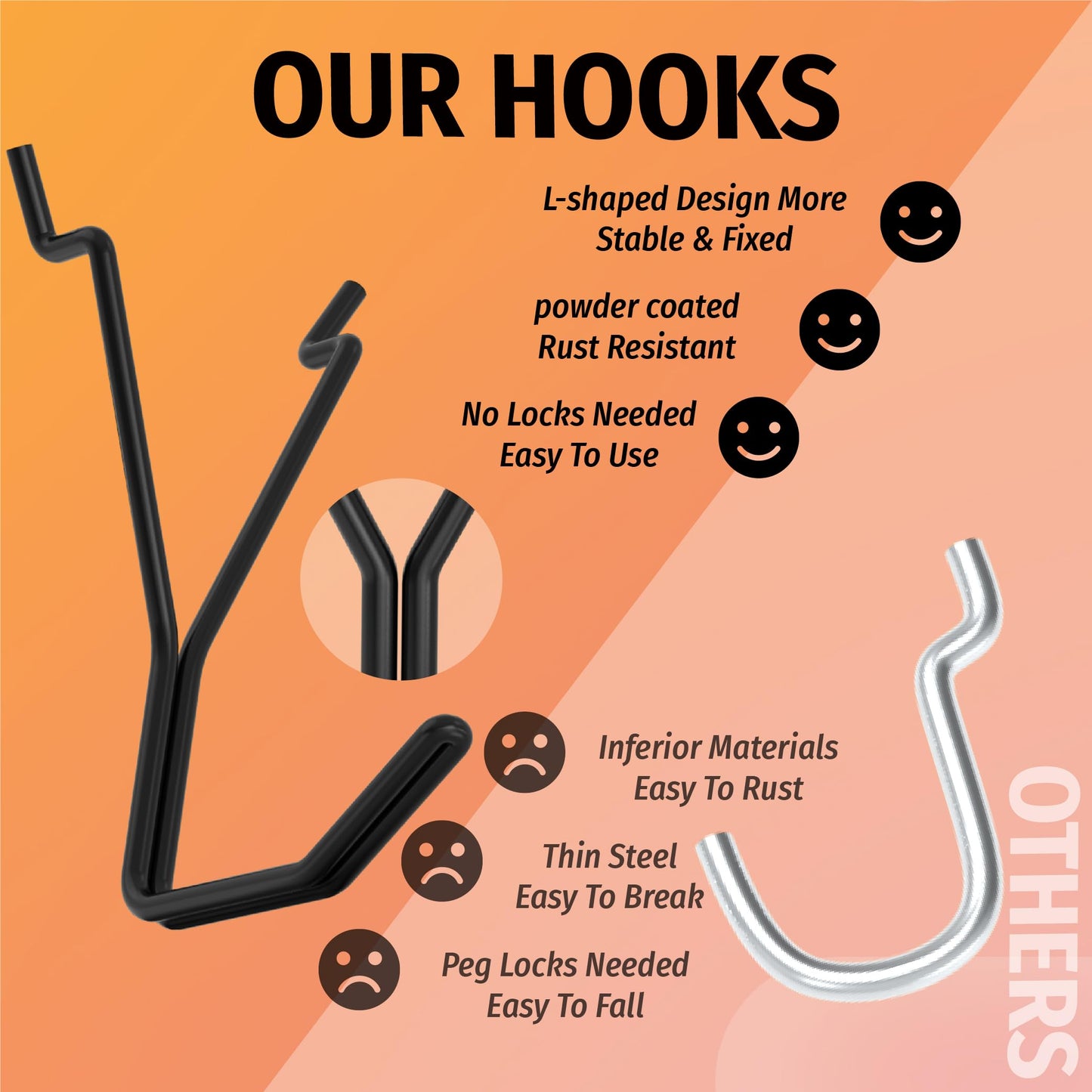 HUHOLE Pegboard Hooks, L-Hook, 1 Inch Black Hooks 40 Pack, Ideal Display Pegs for Hanging Jewelry, Necklaces, Keys, Retail Items, Small Tools, Will Not Fall Out, Fits 1/8” 3/16” Peg Boards