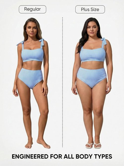 Herseas Women's Striped High-Waisted Bikini Set - Stylish Tie Shoulder Design | 2-Piece Swimsuit