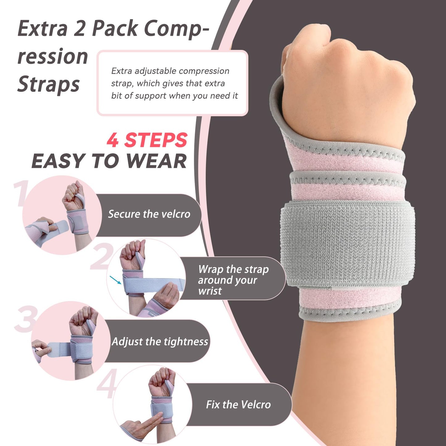 Carpal Tunnel Wrist Brace for Right Left Hand 2 Pack, Wrist Support Wraps for Women Men, Adjustable Wrist Brace for Tendonitis, Arthritis, Weightlifting, Sports, Day Night Support, Pink