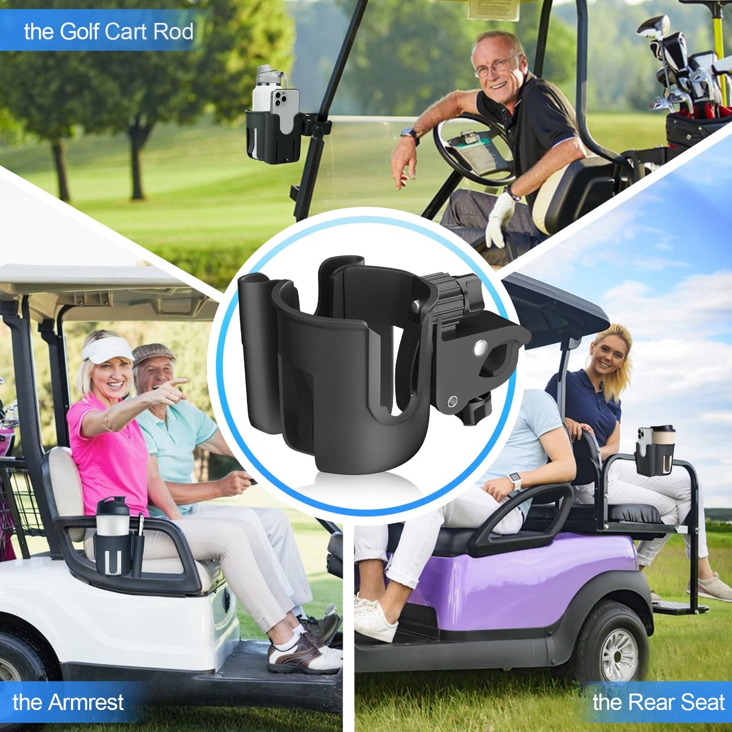 Snyeest Golf Cart Cup Holder with Phone Holder, 2-in-1 Adjustable Universal Cup Phone Holder Front and Rear Seat Armrest Kit Accessories Compatible for EZGO/Club Car/Yamaha & Most Golf Carts