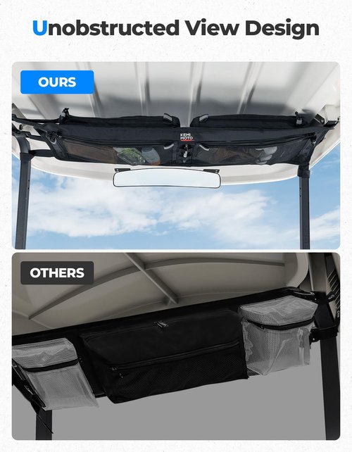 KEMIMOTO Upgraded Golf Cart Overhead Storage Bag, Ceiling Storage with Dual Mesh Pockets Compatible with Club Car Precedent,Tempo, and Onward, 1680D Overhead Organizer, Black
