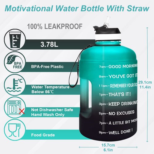 BuildLife Gallon Water Bottle with Straw - 128oz Large Water Bottles with Times to Drink More Daily - BPA Free Motivational Water Bottle 1 Gallon for Sports(Green Black,1 Gallon)