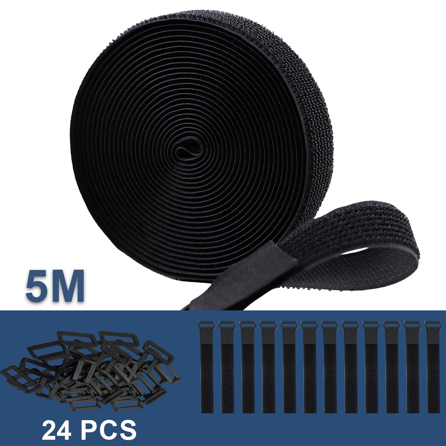 Hook and Loop Cable Straps 1" x 16.5 Ft with 24 Buckles Adjustable Fastening Reusable Nylon Securing Cord Cinch Strap Ties Free Cut for Cable Management RV Workshop DIY (Black)