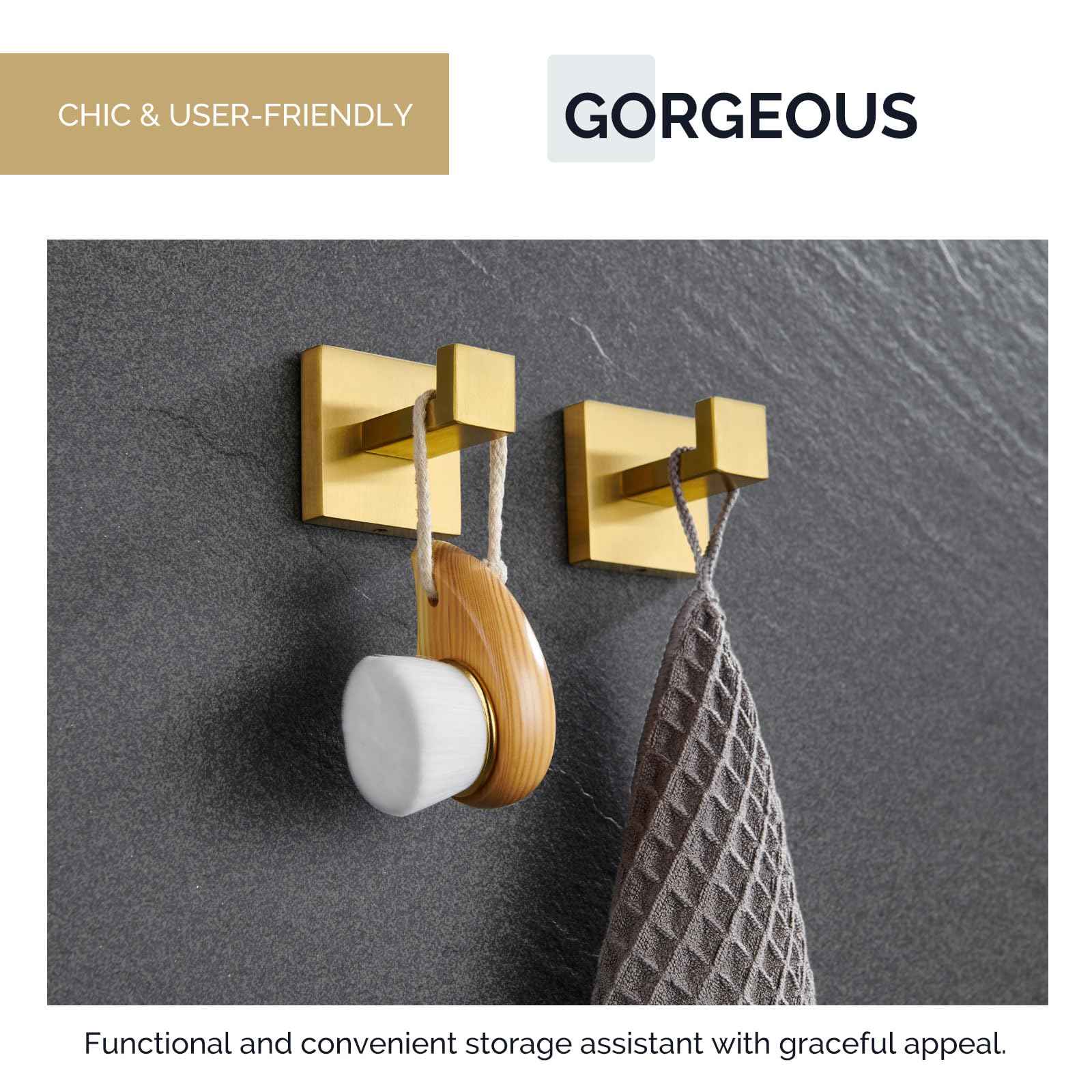 Angle Simple Towel Hook Brushed Gold 2 Pack, 304 Stainless Steel Square Robe Hook for Bathroom
