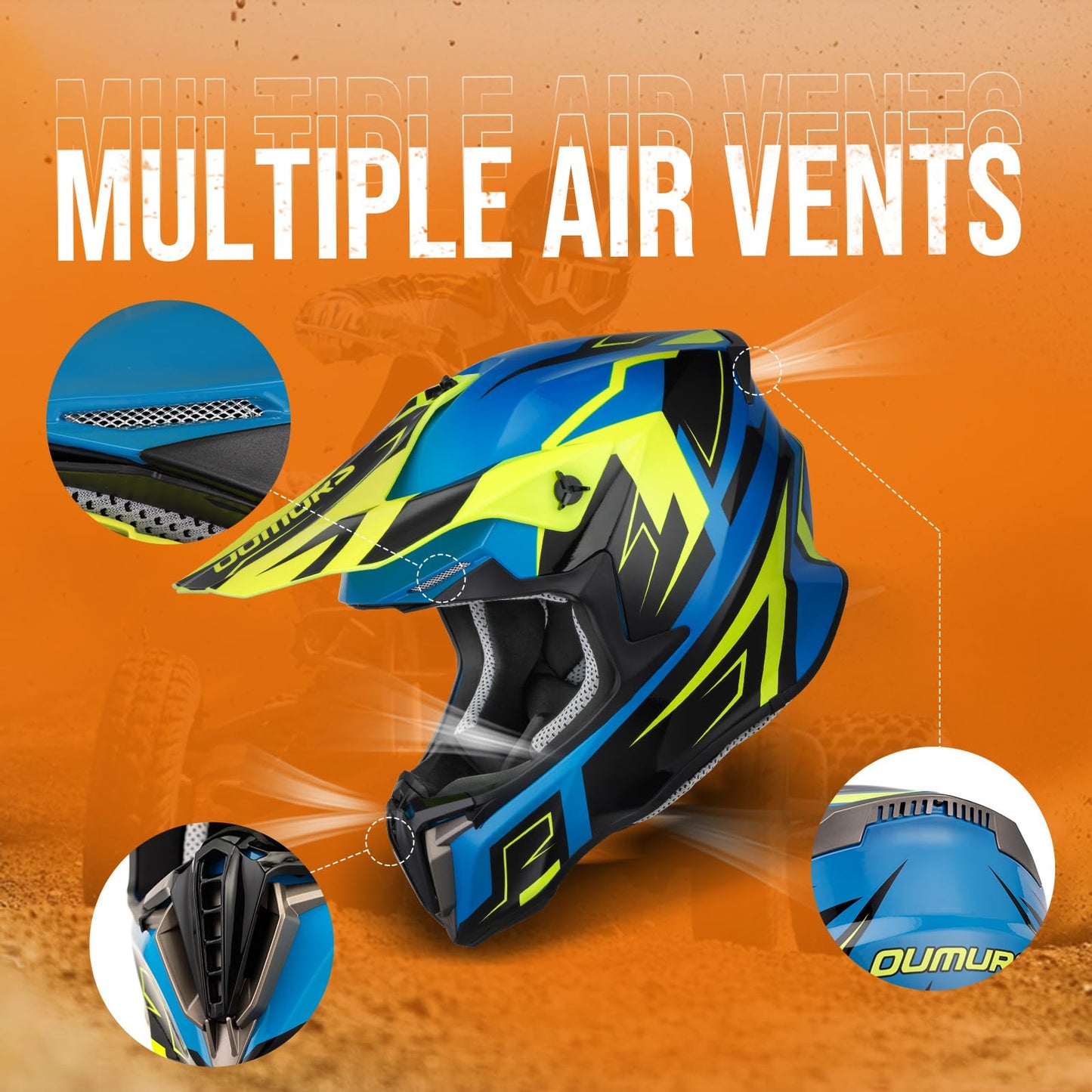 OUMURS Adult ATV Dirt Bike Helmet with Gloves & Mask Adjustable Sun Visor Motorcycle Adult Helmet Off-Road Motocross Downhill Moped MX for Unisex-Adult-Yellow Blue, XL