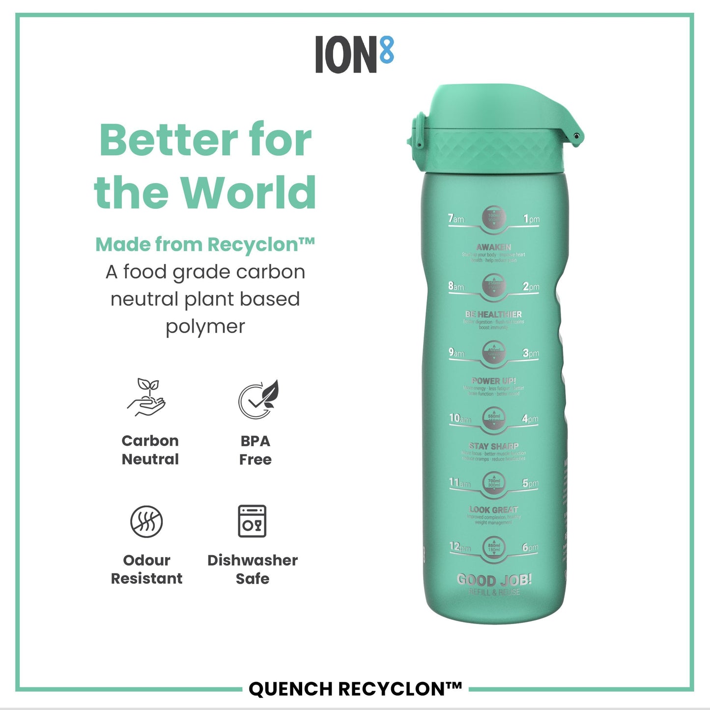 Ion8 1 Litre Water Bottle with Times to Drink, Leak Proof, Flip Lid, Carry Handle, Dishwasher Safe, BPA Free, Soft Touch Contoured Grip, Ideal for Gym, Health and Fitness, 32 oz, Teal