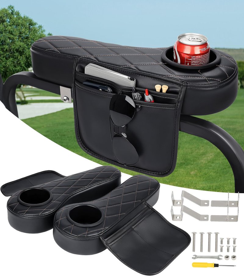 SKYJDM Golf Cart Armrest with Cup Holder & Rear Seat Organizer, No Drilling Golf Cart Diamond Arm Rest Fits 1" Square Tube Frame Compatible with EZGO Club Car Yamaha, Enhanced Storage & Comfort