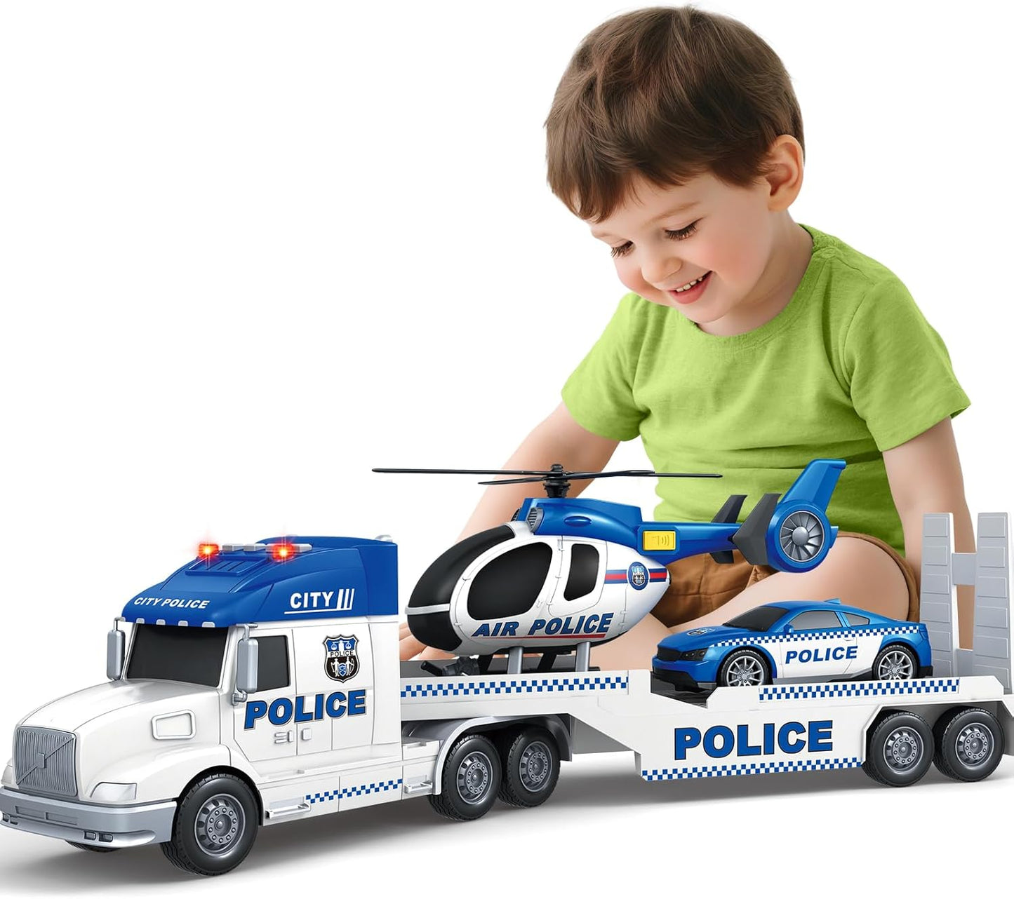 SpringFlower Police Truck Toy Set - Extra Large 3-in-1 with Racing Car & Helicopter | Perfect Birthday Gift for Boys & Girls Ages 3-6