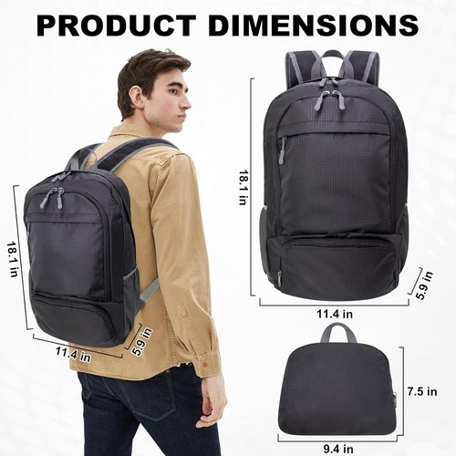 HOLYLUCK Lightweight 20L Packable Hiking Daypack | Foldable Backpack for Travel - Black