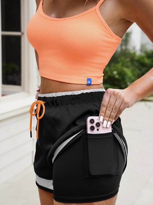 Fisoew Women's Athletic Shorts - 2-in-1 Running & Yoga Shorts with Pocket | High Split Color Block Design