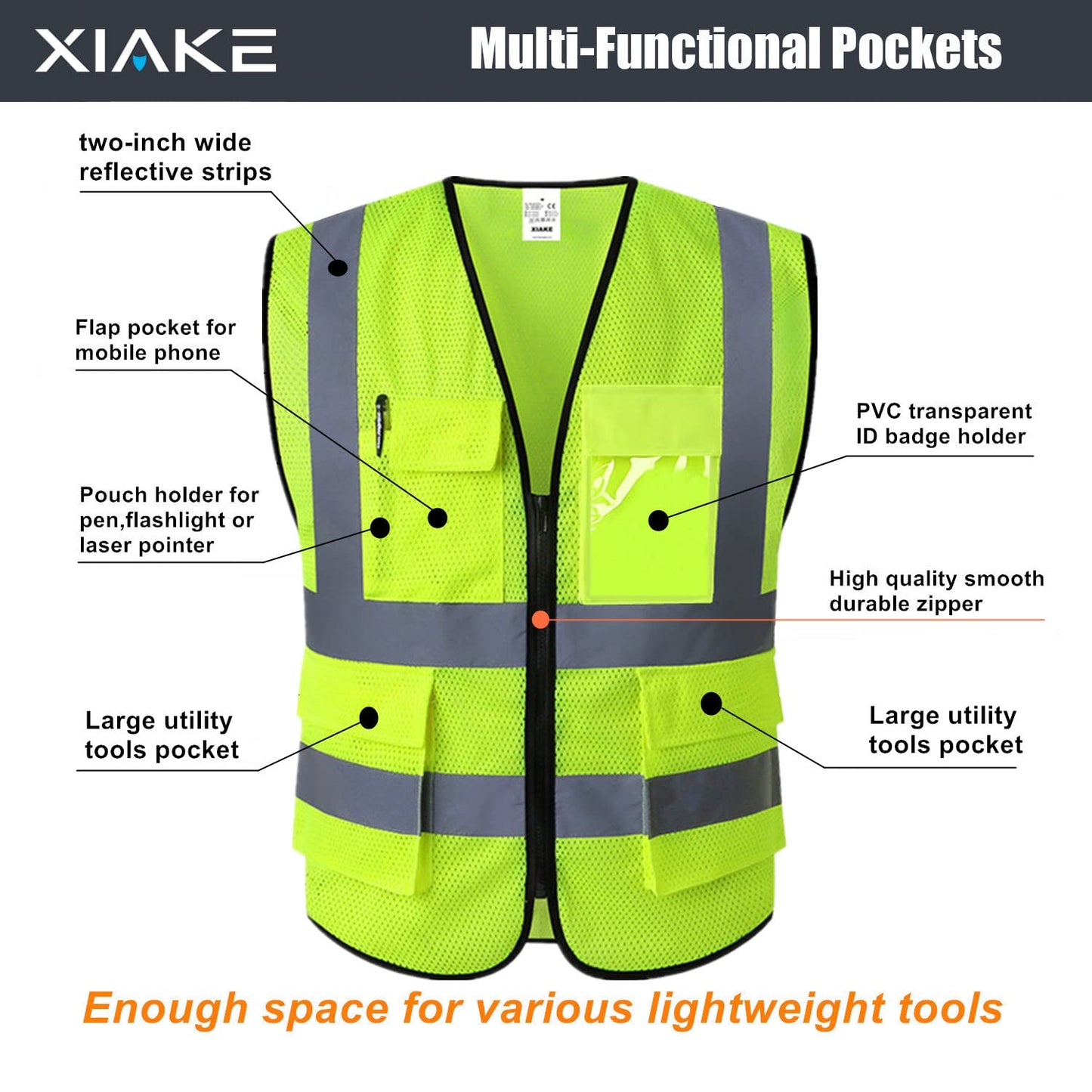 XIAKE Reflective Safety Vest for Men & Women Mesh High Visibility Vest with Pockets Meets ANSI Standards(Large,Yellow)