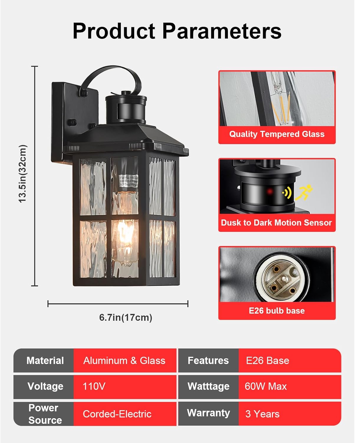 Motion Sensor Outdoor Wall Light - Dusk to Dawn Black Porch Fixture for Garage & Patio
