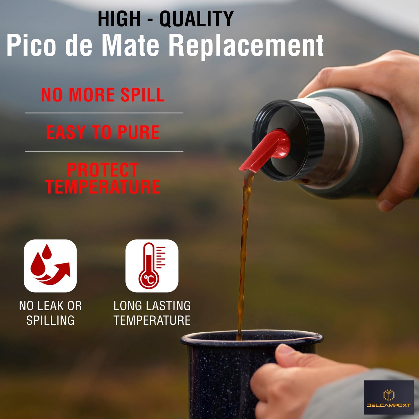DelCampoXT Lid Termo/Thermal Flask Stopper Pico de Mate Replacement Cap - Fits Stanley Classic Vacuum Insulated Wide Mouth Bottles (1.1QT, 1.5QT, 2QT) - Black/Red - Set of 1