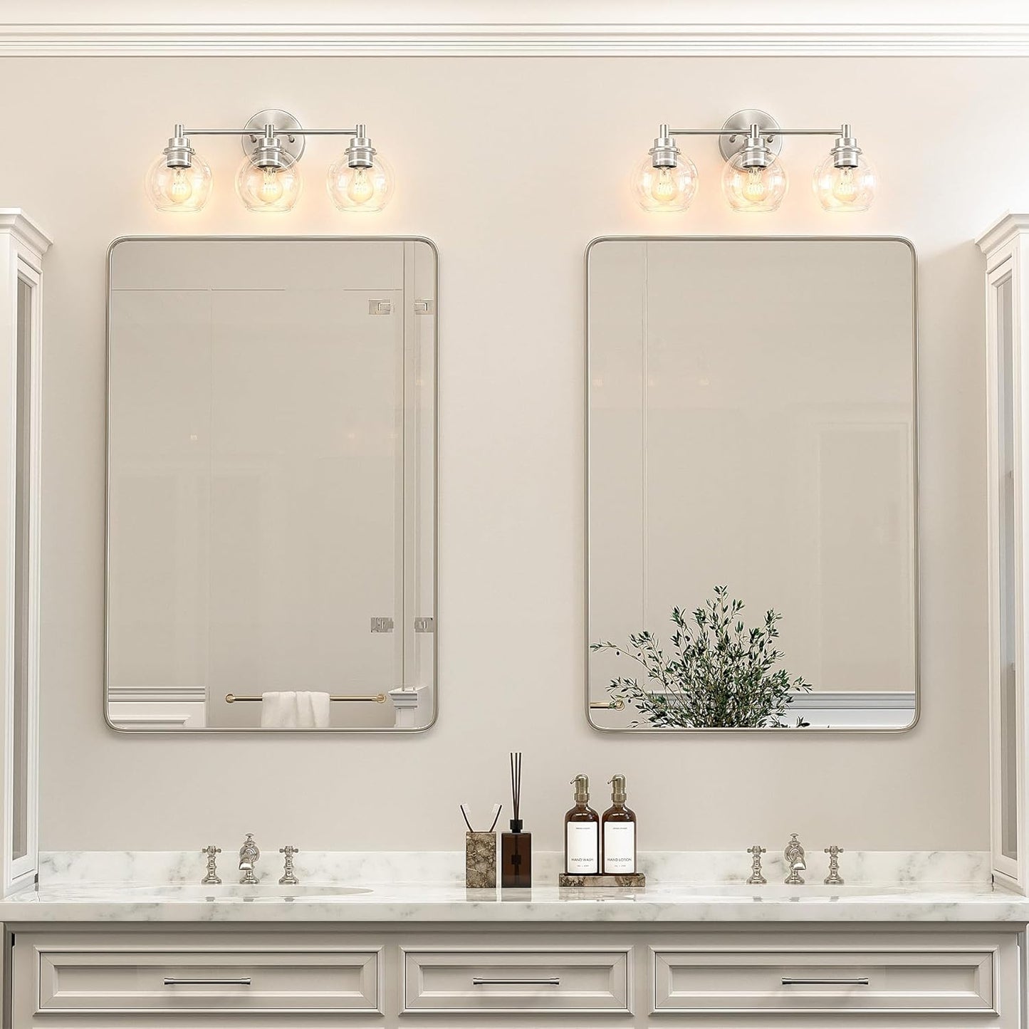 3-Light Vanity Bathroom Light Fixture with Globe Glass Shades - Brushed Nickel, ETL Certified