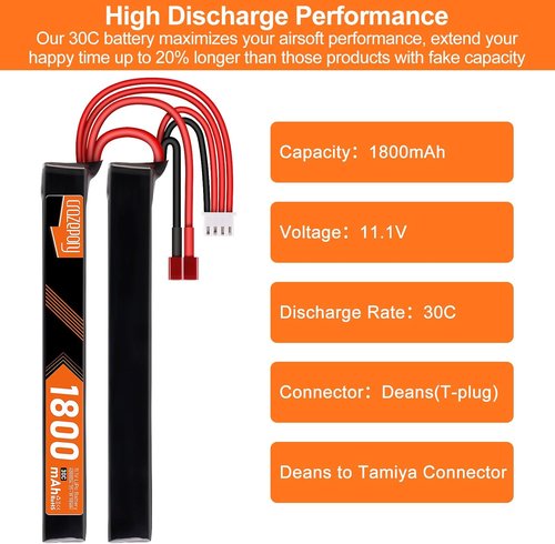 Crazepony 11.1V 1800mAh 3S LiPo Airsoft Battery - Rechargeable Nunchuck Split Pack with T Plug & Mini Tamiya Cable